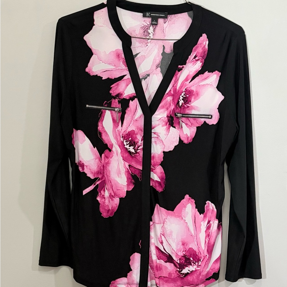 INC International Concepts Black Blouse with Pink Floral Pattern